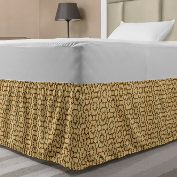 Vintage Bed Skirt, Moorish Geometric Pattern Inspired Hexagon Tiles Combined with Star Forms, Elastic Bedskirt Dust Ruffle Wrap Around for Bedding Decor, 4 Sizes, Beige and Caramel, by Ambesonne