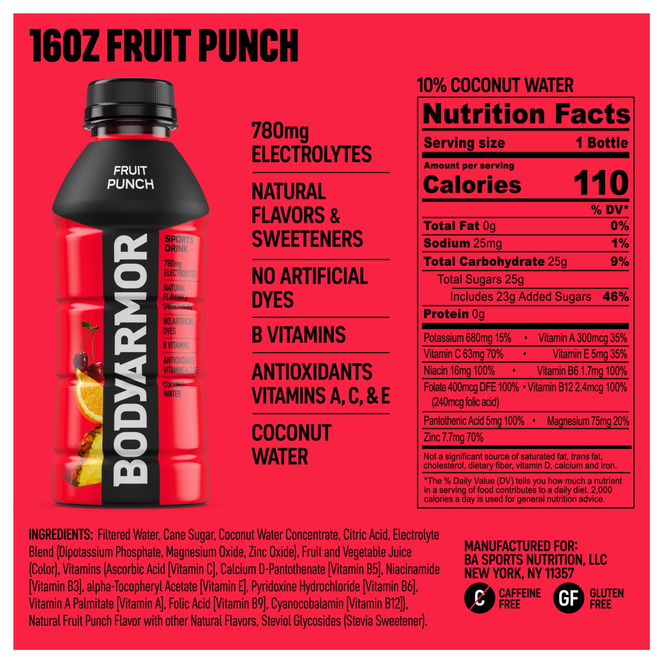 BODYARMOR Fruit Punch Electrolyte Sports Drink Bottles, 16 fl oz, 12 Pack