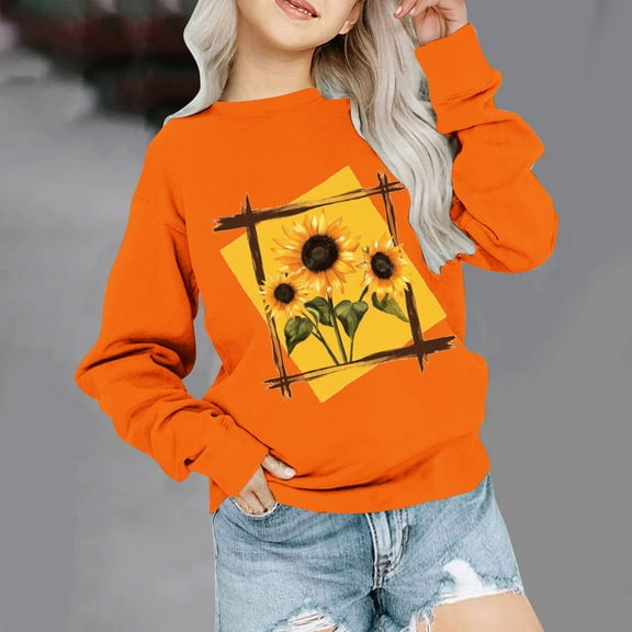 Jinhomg Trendy Holiday Sweatshirt for Kids Cute Floral Graphic Orange Tops Toddler Boys Girls Loose Cozy Shirts Spring Saving Orange 9 Years