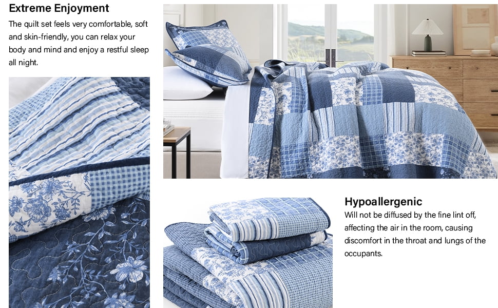 CozyDH Blue Plaid King Quilt Set, 100% Cotton Soft Lightweight 3-Piece Bedding Set, Classic Patchwork Bedspread Coverlet with 2 Shams