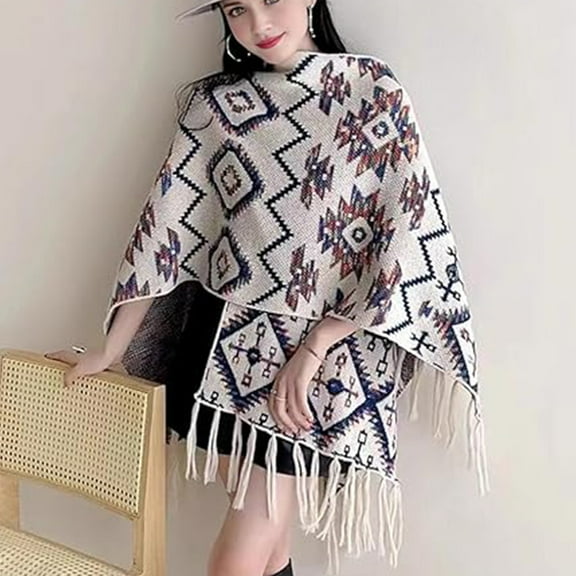 Women's Shawl Wrap with Tassel Open Front Retro Poncho Cape for Fall Winter (Triangle White)