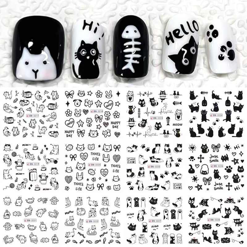 12pcs Cartoon Cute Cat Stickers For Nails Star Flower Bow Nail Water Decals Sliders Korean Japanese Nail Art Manicure Decoration