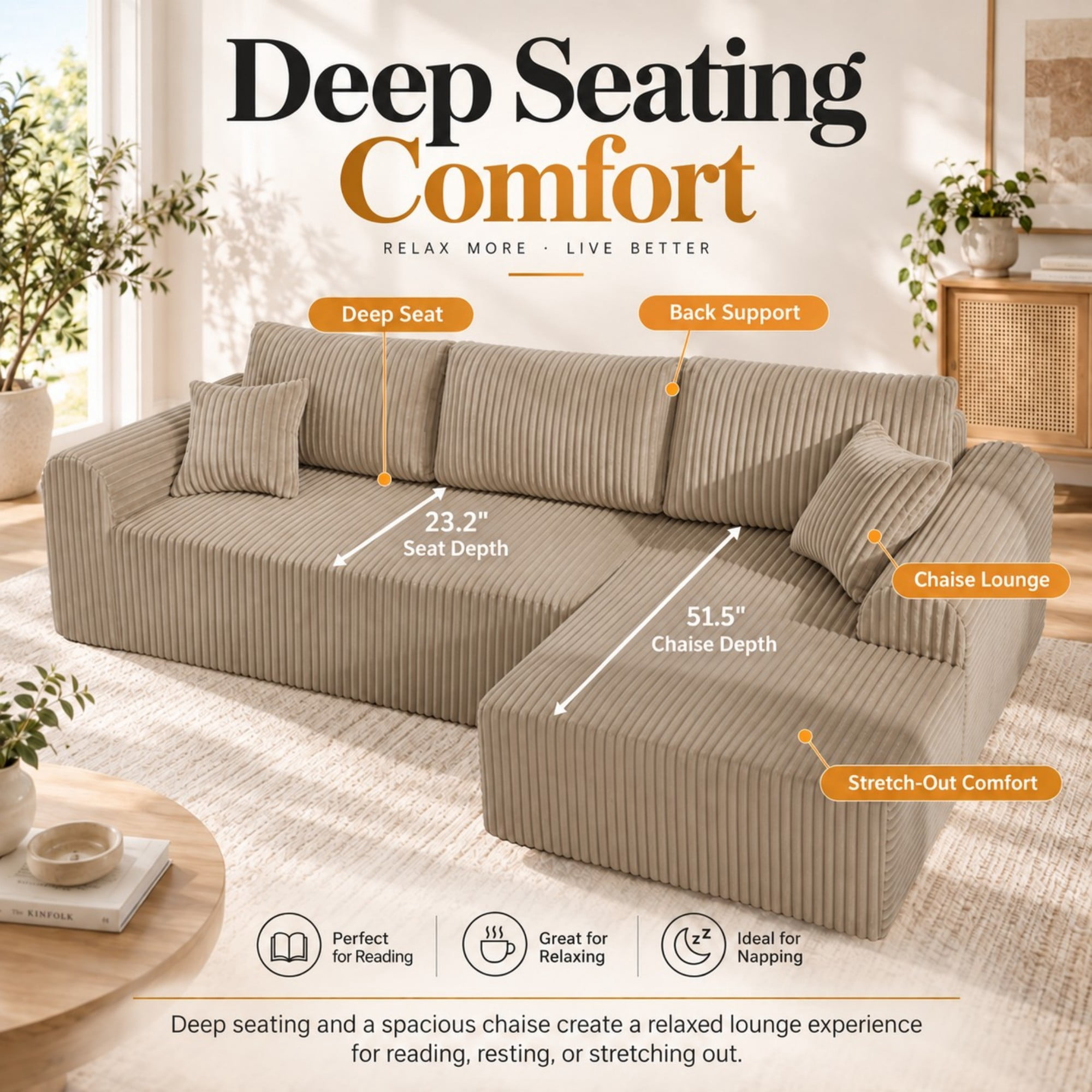 DEALTOPS 109" Corduroy L-Shape Floor Cloud Couch, Deep Seat Modular Sectional Sofa, Right Chaise, Dark Beige