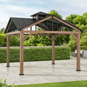 Sunjoy 12’ x 12’ Black 2-Tier Wooden Frame Outdoor Hardtop Gazebo With Ceiling Hook for Patio, Backyard, and Garden