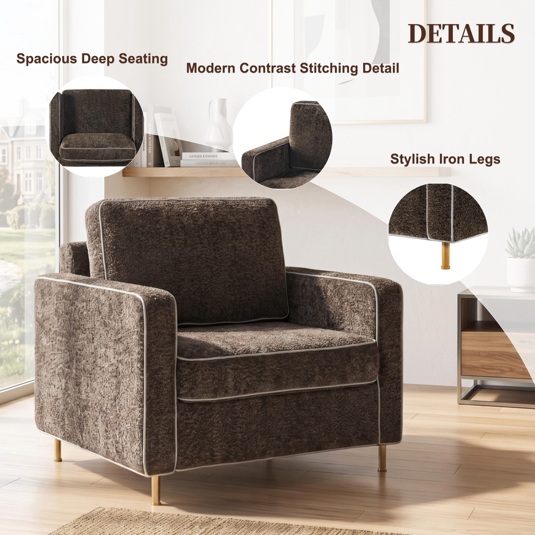 Christopher Knight Home Modern Chenille Upholstered Single Sofa with Square Arms, Pillow Back, Dark Brown