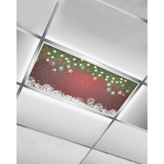Christmas Balls Fluorescent Light Covers for Ceiling Lights 4x2 feet,1 Pack Magnetic Light Filters for Classroom,Winter Xmas Snowflakes Pine Red Fluorescent Light Shade Panel for Office School Drop