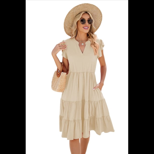 Vestido de Verano para Mujer, Cuello en V, Mangas con Volantes, Midi, Color Albaricoque M
