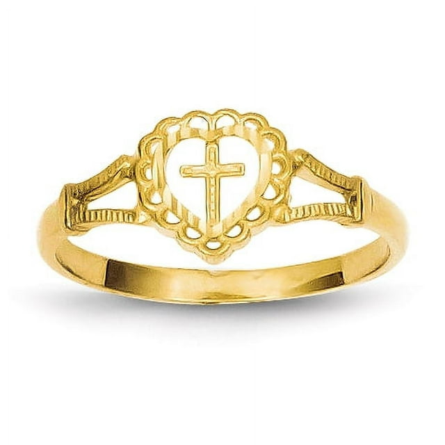 14K Yellow Gold Diamond-Cut Childs Heart & Cross Ring