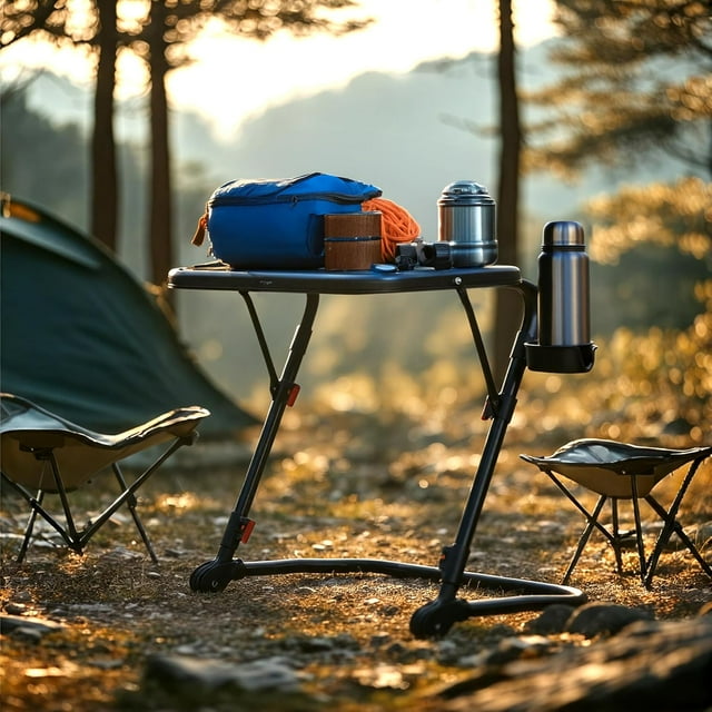 HOMYLIN Mesa Plegable Portátil para Picnic, Estructura de Metal Negro, con Portavasos, Portátil Resistente al Agua y al óxido para Camping y Exterior, odoterreno, Deportes al Aire Libre