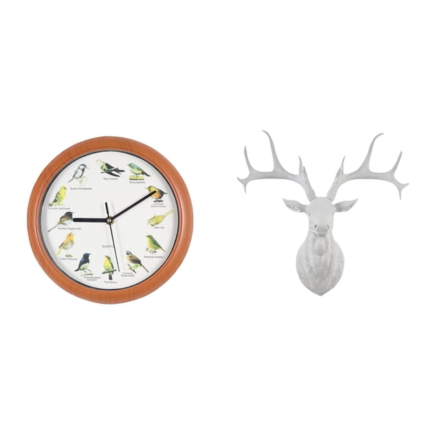 Reloj de pared con pájaro cantor, estatua de cabeza de ciervo, escultura de alce, material de resina, sonido creativo, adorno para el hogar, adecuado