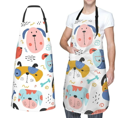 

XMXT 1 Pcs Waterproof Kitchen Cooking Apron Cartoon Colorful Dogs Design Adjustable Aprons for Women Men with Pockets