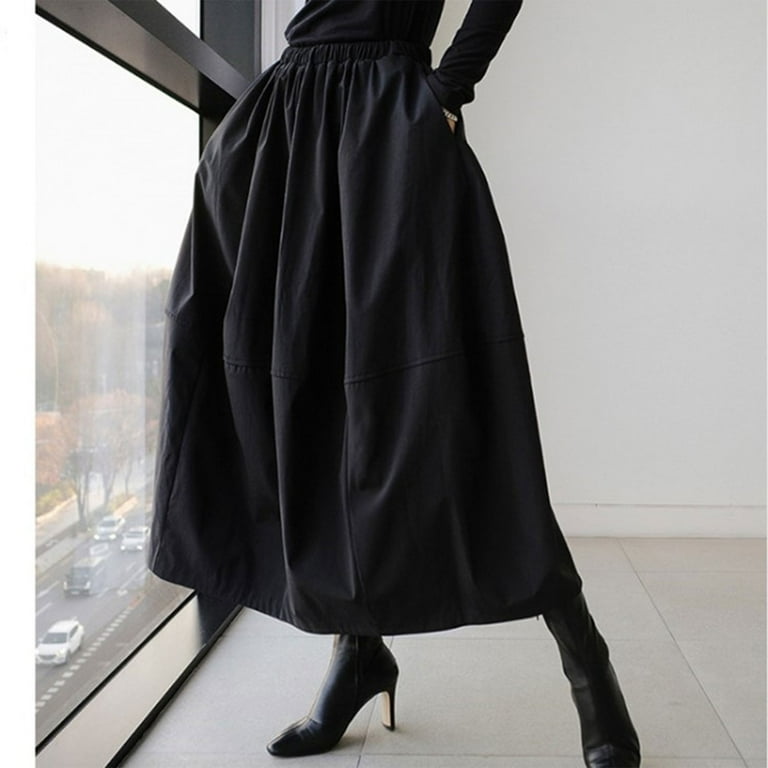 Mrat Womens Skirts Knee Length Women s Black Elastic Waist A line Long Bubble Skirt Skirt Lantern Skirt with Pockets Skirt for Women S 69 Black L Walmart