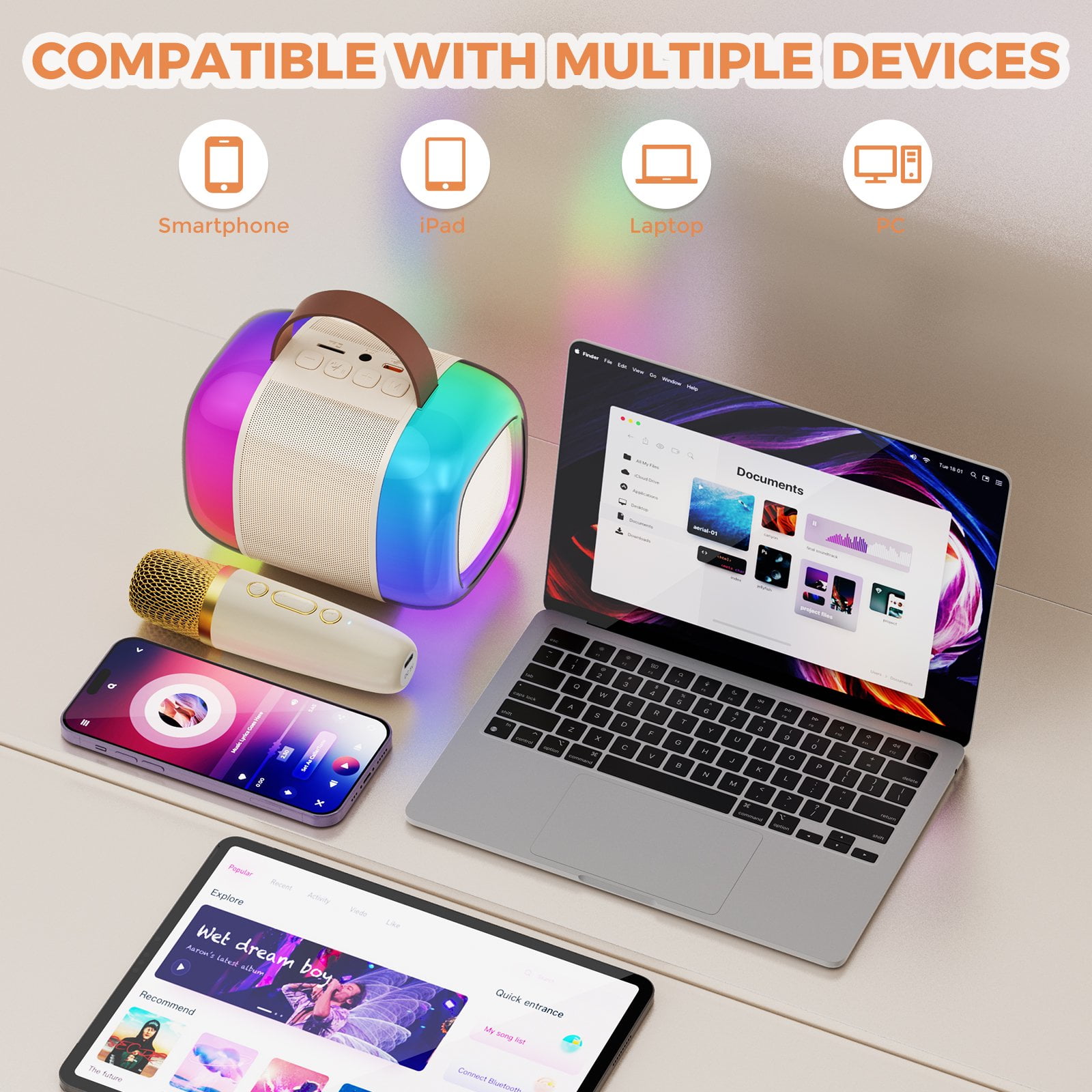 FanFun Karaoke Machine with Colorful LED Lights for Adults Kids, Bluetooth 5.3 Portable Karaoke Speaker with Wireless Mic for Party, Ideal Gifts for Girls/ Boys, D33 (Beige-1MIC)