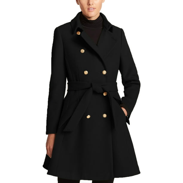 Dkny Petite Double Ted Fit Flare, Black Flared Peacoats