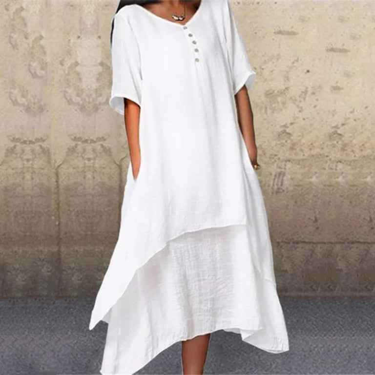 Long Irregular Dress Casual Sleeve Solid V-Neck Loose Short Dress