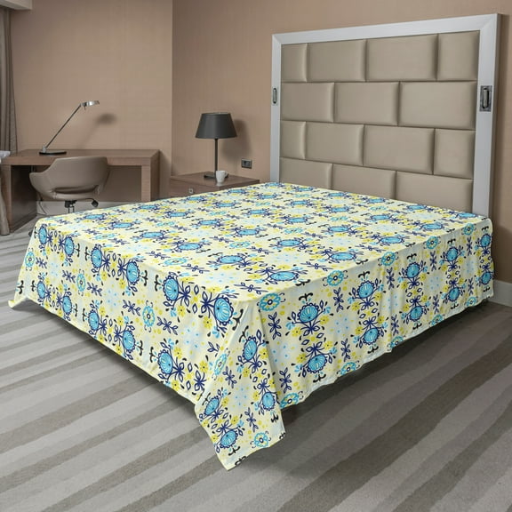 Ambesonne Floral Flat Sheet, Folkloric Flowers Leaves, Queen Size, Cream Quartz Sky Blue