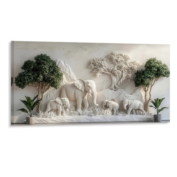 Framed Canvas Wall Art 48x24 Inch Elephant Family Nature Scene Grey Navy Blue Wildlife Decor for Living Room Bedroom Office