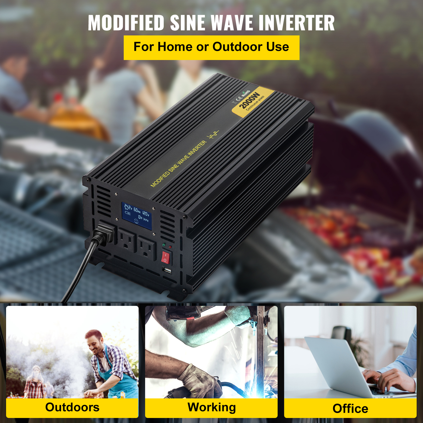 BENTISM Power Inverter Modified Sine Wave Inverter 2000W DC 12V to AC 120V w/LCD