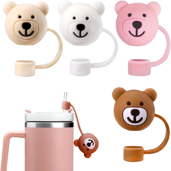ACDANC 2026 New Straw Covers Cap,4Pcs Bear Silicone Straw Toppers,10Mm Drinking Straw Tip Covers for Cups Accessories for Kids, Parties, Picnics, Travel