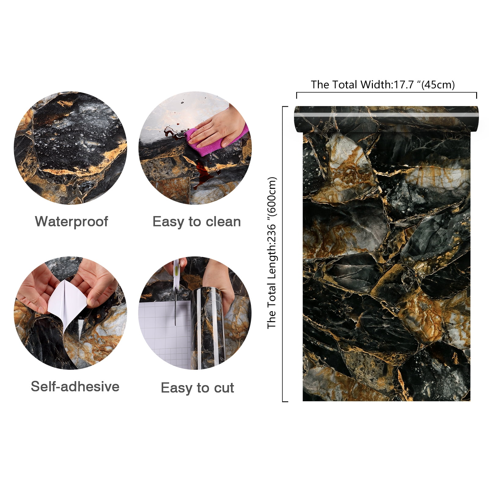CHIHUT Black Gold Mable Peel and Stick Countertop 17.7"x236" Self Adhesive Marble Wallpaper Waterproof