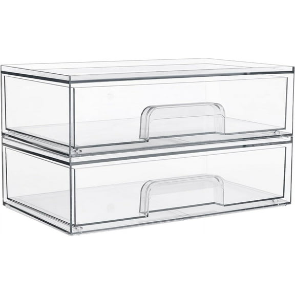 BZUEPRS 2 Pack 12''W Clear Stackable Storage Drawers,Acrylic Plastic Organizers Bins for Makeup Palettes, Cosmetics,Ideal for Vanity, Bathroom,Cabinet