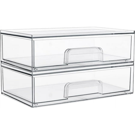 BZUEPRS 2 Pack 12 W Clear Stackable Storage Drawers Acrylic Plastic Organizers Bins for Makeup Palettes Cosmetics Ideal for Vanity Bathroom Cabinet