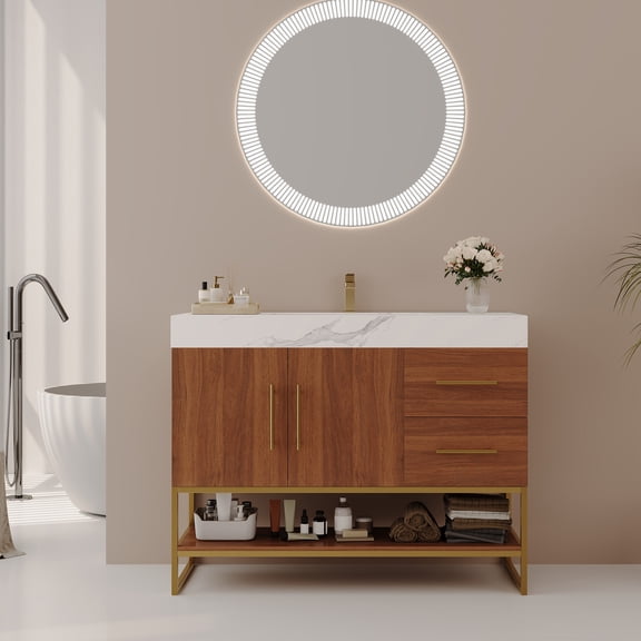 36" Modern Bathroom Vanity with Sintered Stone Top & Seamless Ceramic Sink, Gold Stainless Steel Frame Freestanding Cabinet with Drawers