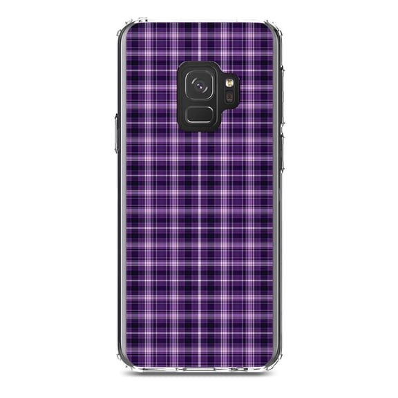 DistinctInk Clear Shockproof Hybrid Case for Samsung Galaxy S9 (5.8" Screen) - TPU Bumper, Acrylic Back, Tempered Glass Screen Protector - Purple Black Plaid