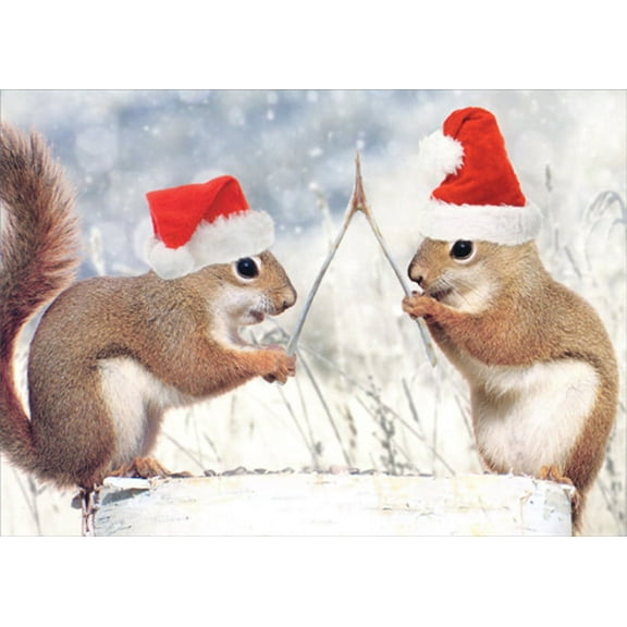 Northern Exposure Squirrels Holding Wishbone Funny / Humorous Box of 12 Christmas Cards