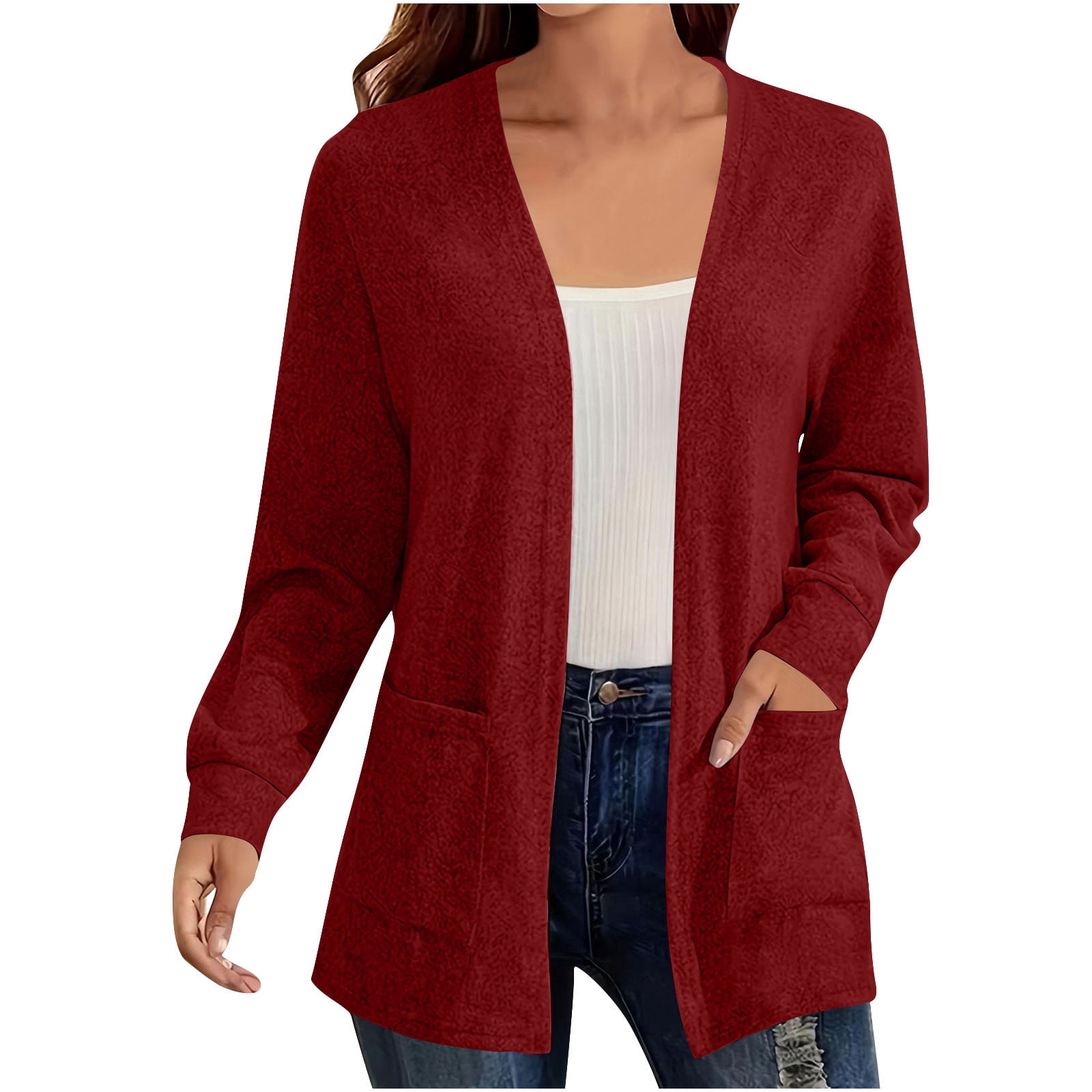 Hueook Cardigan Sweaters for Women Color Long Sleeve Casual Tops Blouse with Pocket Cardigan Red 4X
