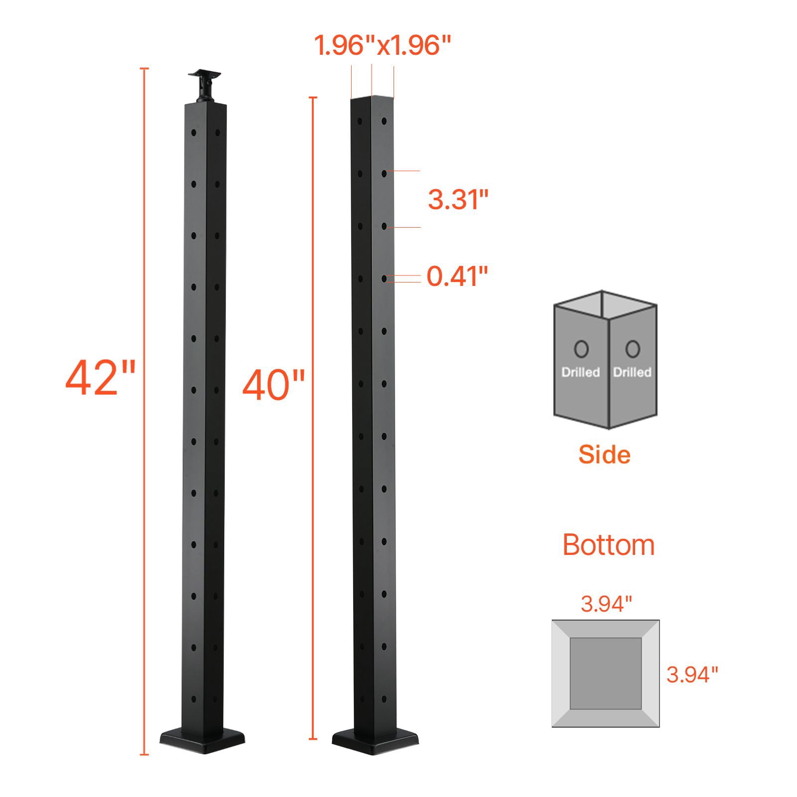 L-Type Hole Cable Railing Post 42", SUS304 Stainless Steel, 12 Pairs of Holes, 3" Spacing, for Corner Deck Stairs Balcony Railing