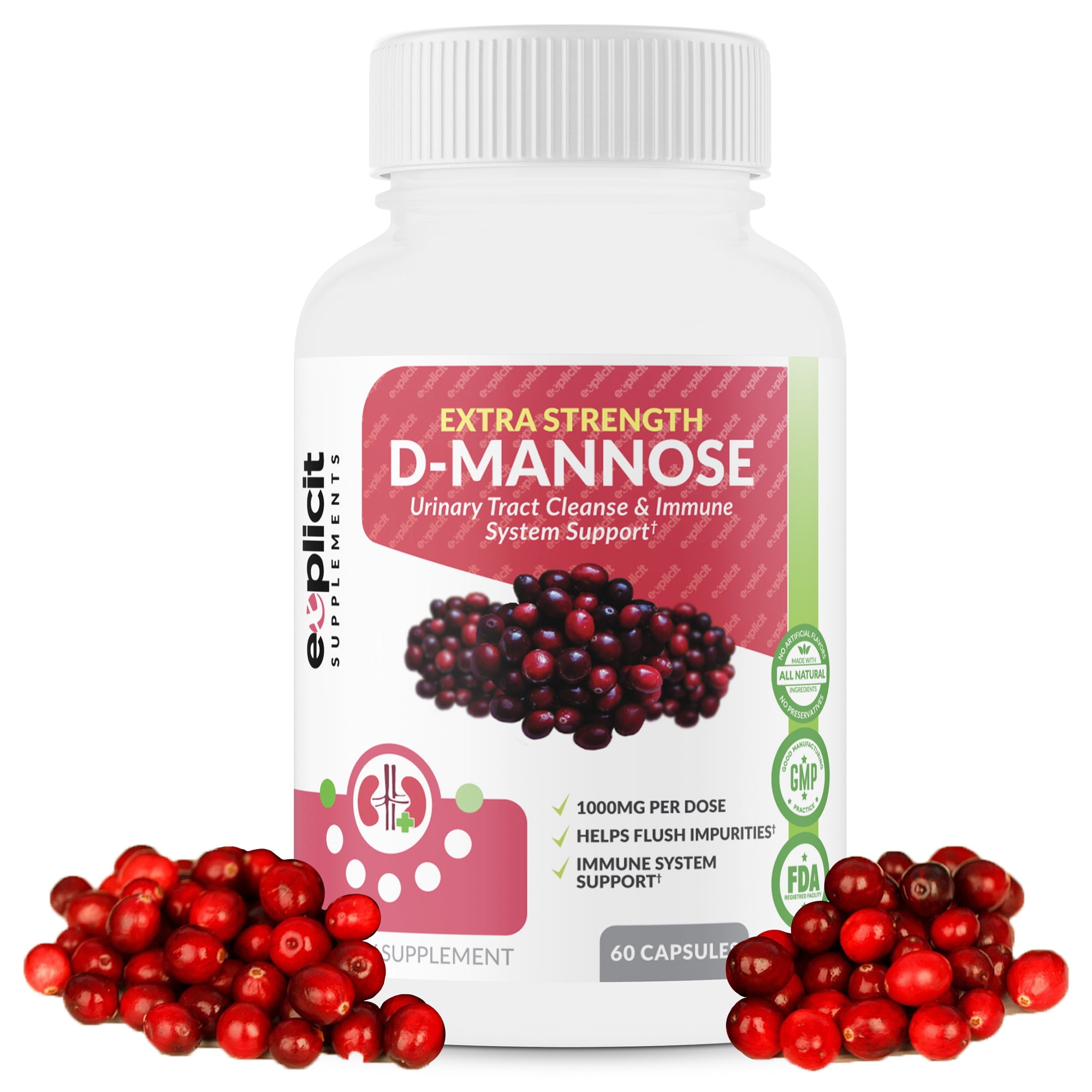 D-Mannose Capsules - Urinary Tract Cleanse & UTI Support - Fast Acting Digestive Cleanser - 1000mg Per Serving - eXplicit Supplements - 60 Capsules