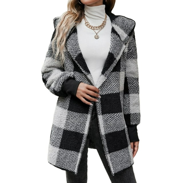 Innerwin Hooded Jacket Long Sleeve Women Cardigan Jackets Daily Wear Plaid Comfy Coat Black L