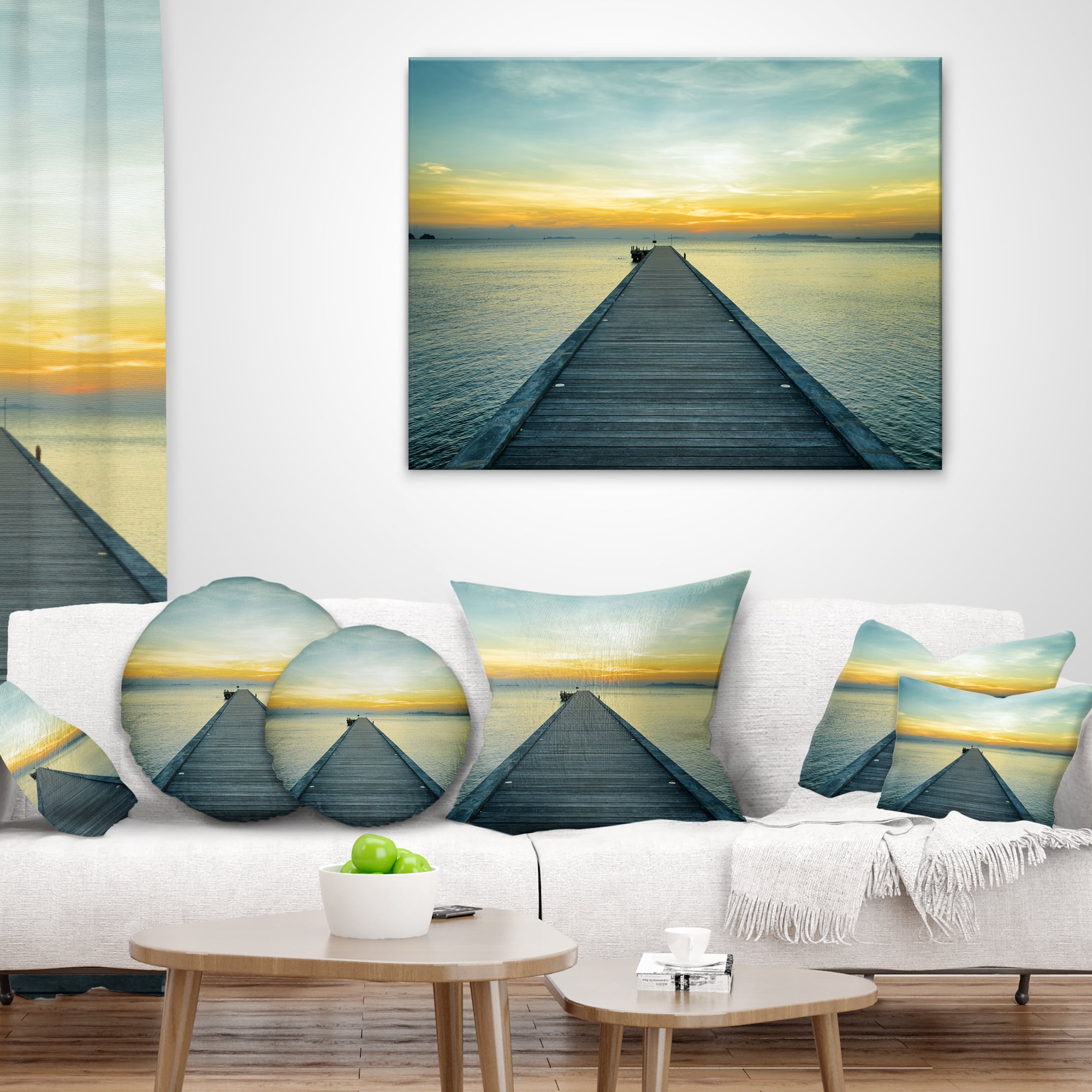 Designart Wood Pier into the Yellow Blue Sea - Wooden Sea Bridge Throw Pillow - 18x18