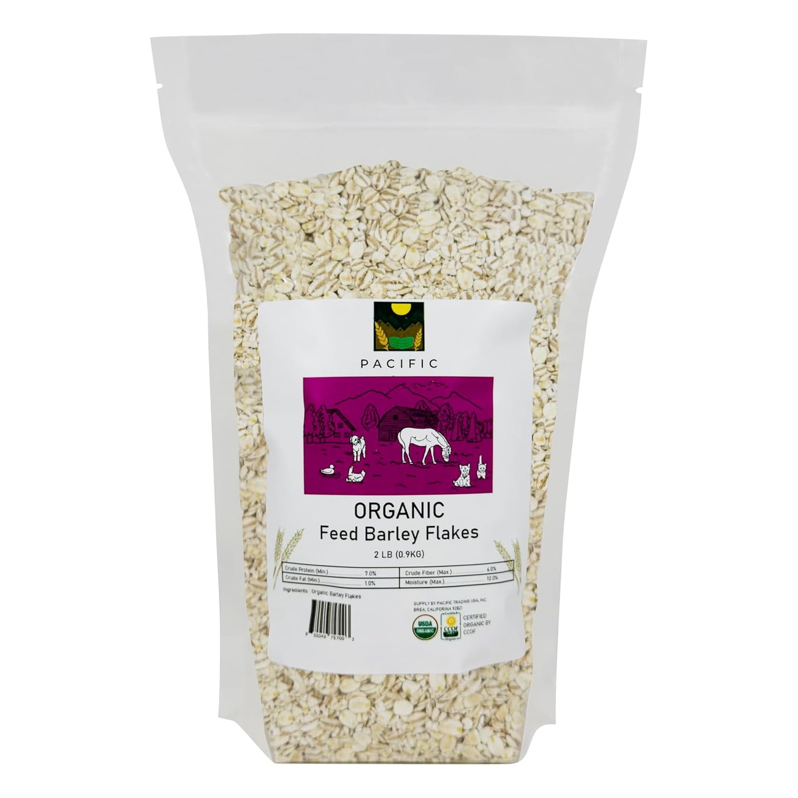 Pacific Organic Petfood Feed Barley Flakes for Pet - All Natural, Rich in Fiber & Minerals, USDA & CCOF Certified, Packed in USA - 2Lbs