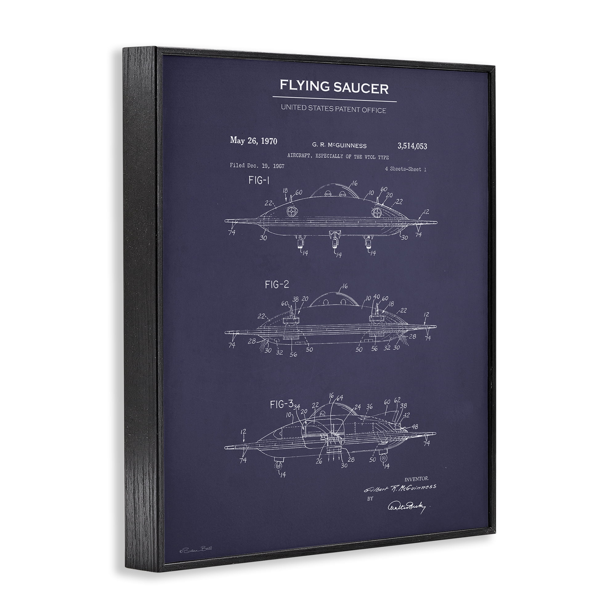 Stupell Industries Flying Saucer Blueprint Transportation Painting Black Framed Art Print Wall Art, 24 x 30