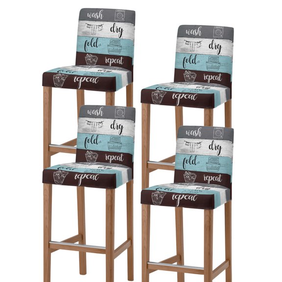 Laundry Room Bar Stool Covers Set of 4, Wash Dry Fold Repeat Splicing Colorful Wood Stretch Washable Bar Chair Covers with Backs, Removable Pub Counter Height Chair Cover for Kitchen Dining Room Cafe