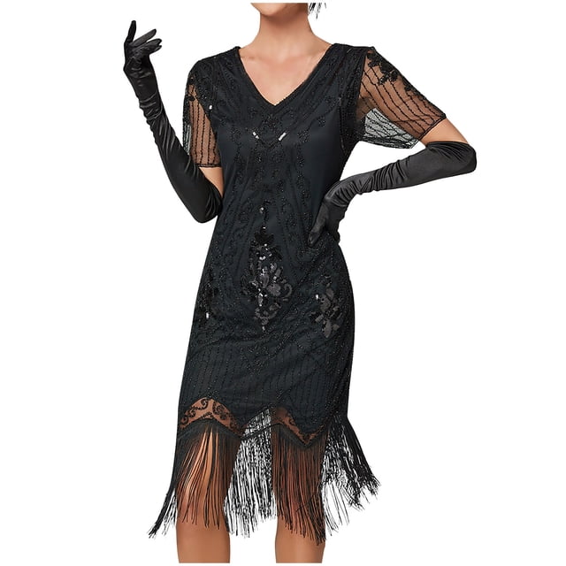 Vestido de Manga Corta para las Mujeres Sexy Cuello en V Lentejuelas Y Detalle Bornilla Color Sólido, Poliéster Elegante para Fiesta Y Vestir de Noche