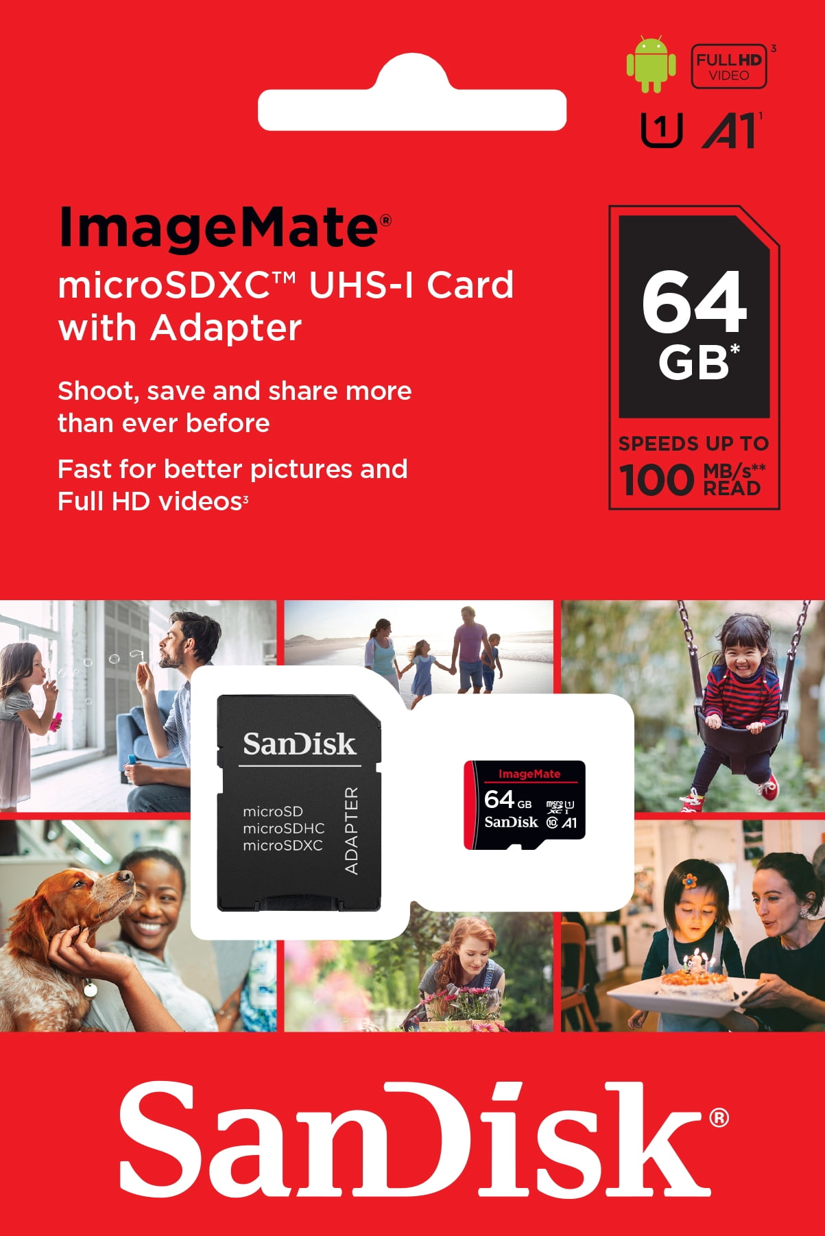 SanDisk 64GB ImageMate microSDXC UHS-1 Memory Card with Adapter - C10, U1, Full HD, A1 Micro SD Card - SDSQUAR-064G-AW6KA