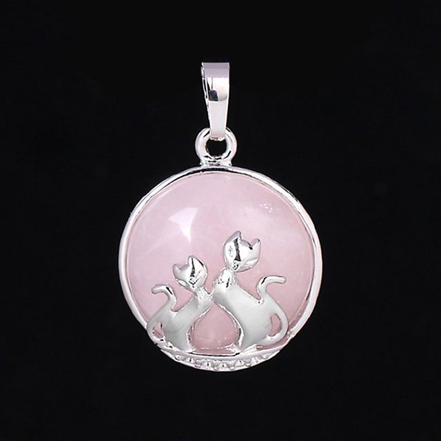 Pendentif Chat pour Collier Pierre Naturelle Perles Rondes Plates Pendentif Cœur d'Amour Femmes