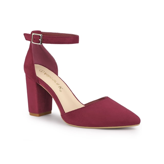 BLISSFUL STEP Women's Ankle Strap Pumps Pointed Toe High Block Heel Faux Suede Dress Shoes Burgundy 7.5