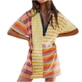 thumbnail image 1 of Daiosportswear Robe d'Été en Denim pour Femmes avec Col, Design à Demi-Bouton, Robe à Rayures Patchwork, Robe Polo Décontractée à Manches Courtes Bouffantes, Robe à Manches Courtes pour Femmes Jaune 4(S), 1 of 6