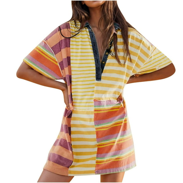 Daiosportswear Robe d'Été en Denim pour Femmes avec Col, Design à Demi-Bouton, Robe à Rayures Patchwork, Robe Polo Décontractée à Manches Courtes Bouffantes, Robe à Manches Courtes pour Femmes Jaune 4(S)