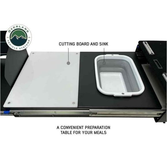 Overland Vehicle Systems Camp Kitchen 21010401 Slide-Out; With Cooking Shelf/Cutting Board and Sink Area/Storage/Fridge Base; Black; Aluminum