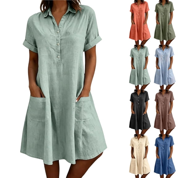 Zpzdpjkx Womens Short Sleeve Button Front Casual Tunic Dress with Pockets Summer Washed Cotton Linen Shirt Dress
