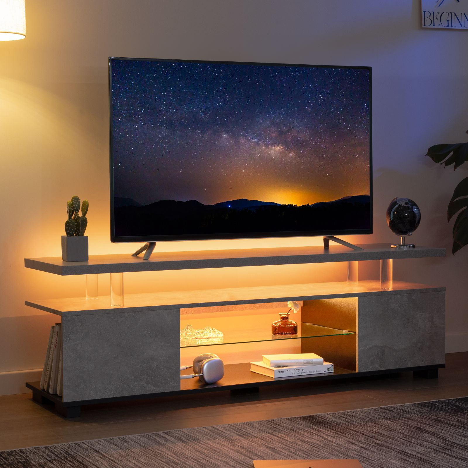 Cubehom 63'' LED TV Stand Entertainment Center with Storage Wood Gaming TV for 70 inch TV, Gray