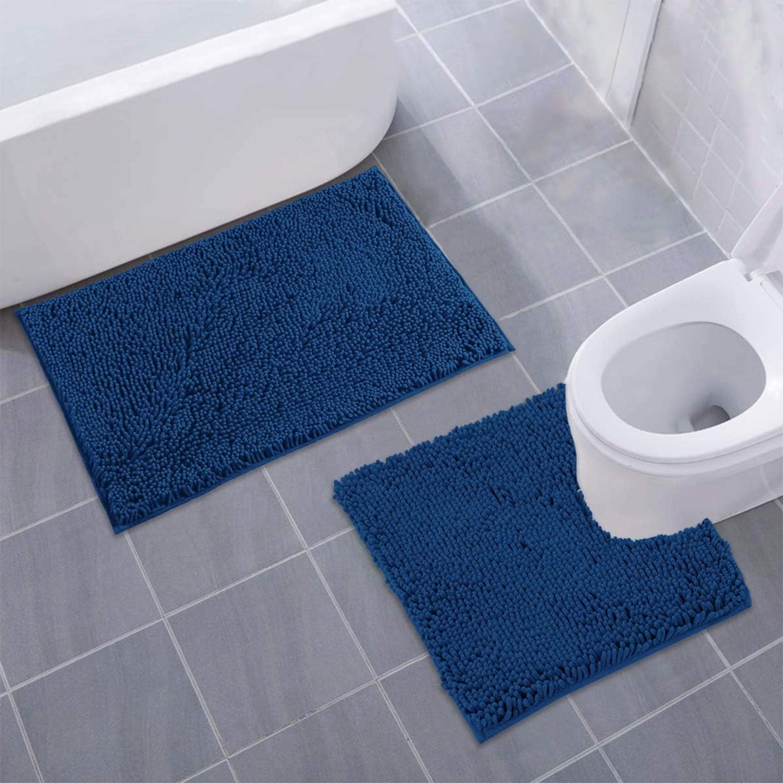 Hengbo 2 Pcs Luxury Chenille Bathroom Mat Set Bathroom Rugs Set Non Slip Rugs Set for Bathroom Extra Absorbent Soft Washable Machine Wash Navy Blue