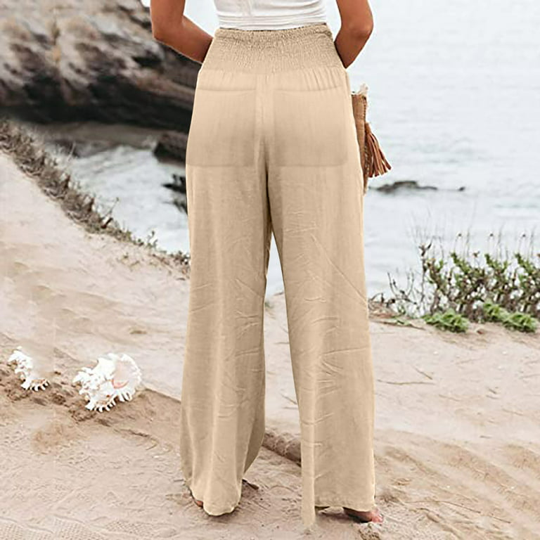 SELONE Linen Pants for Women High Waist Plus Size With Pockets High Waist  High Rise Baggy Wide Leg Casual Long Pant Straight Leg Fashion Solid Color