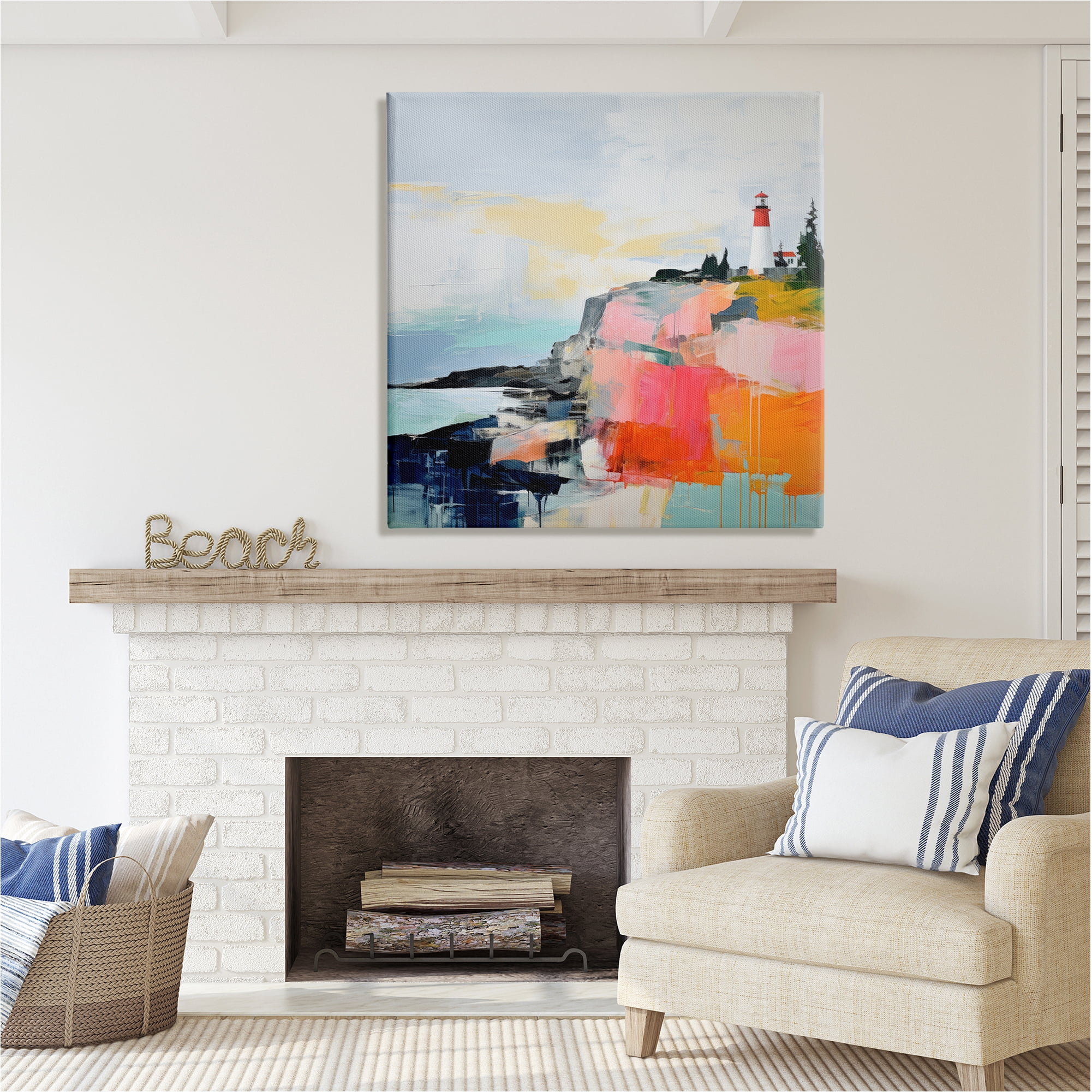 Stupell Industries Modern Hued Lighthouse Landscape Painting Gallery Wrapped Canvas Art Print Wall Art, 36 x 36