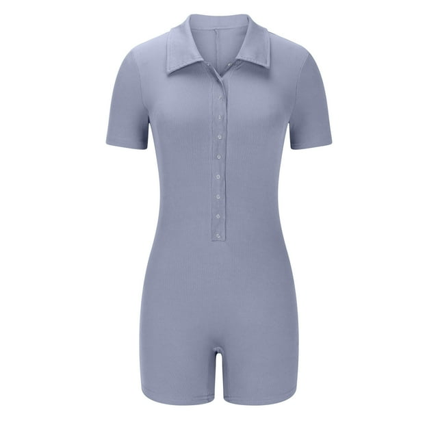 Kyusrd Yoga Romper For Women Stretch Waist Compression Bodysuit Button Seamless Ribbed Short Sleeve Lapel V Neck Sport Jumpsuits Casual Solid Color Workout Stretch Tummy Control Exercise Rompers